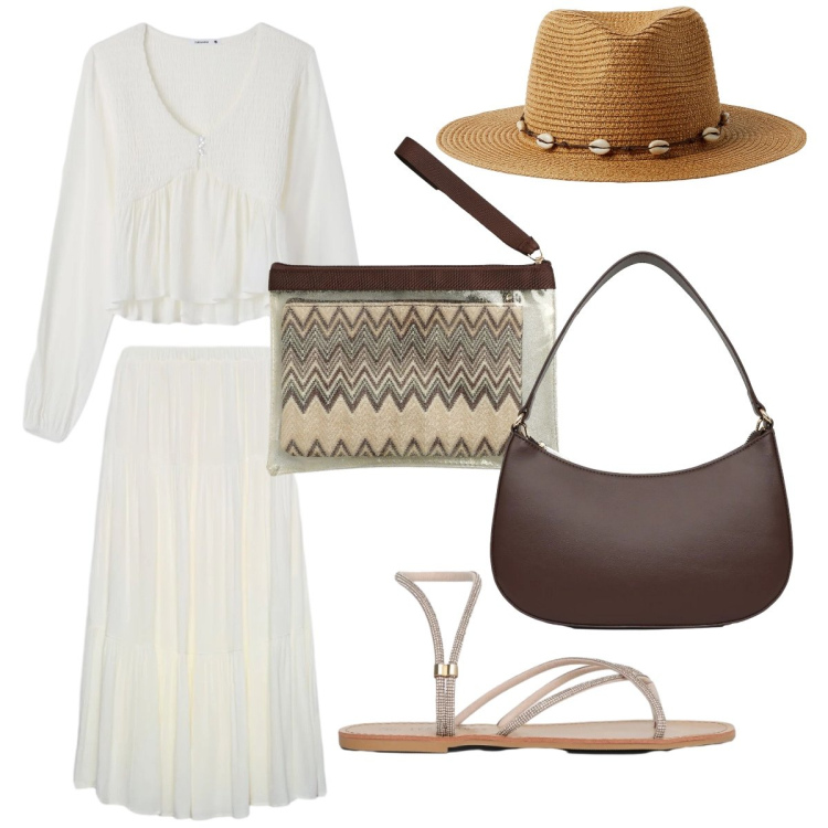 Outfit donna - Il completo tutto bianco. Stile Boho per Tutti i giorni. Abbinamento con cappelli, sandali, gonne lunghe, borse a tracolla, bluse, pochette.