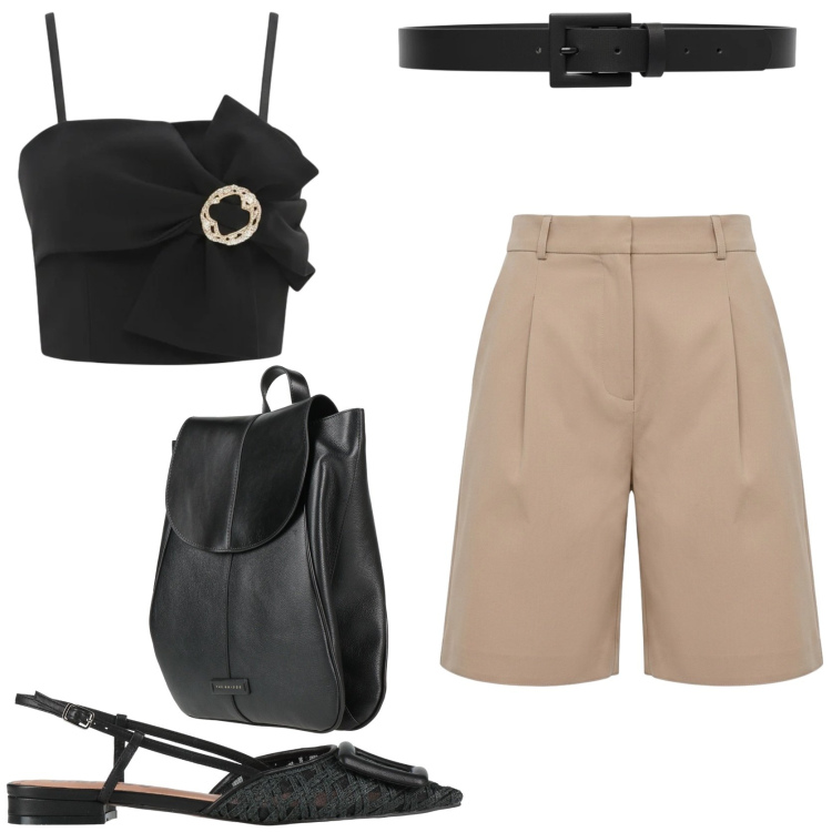 Outfit donna - Weekend in città. Stile Casual chic per Tutti i giorni. Abbinamento con zaini, ballerine, cinture, top, bermuda.