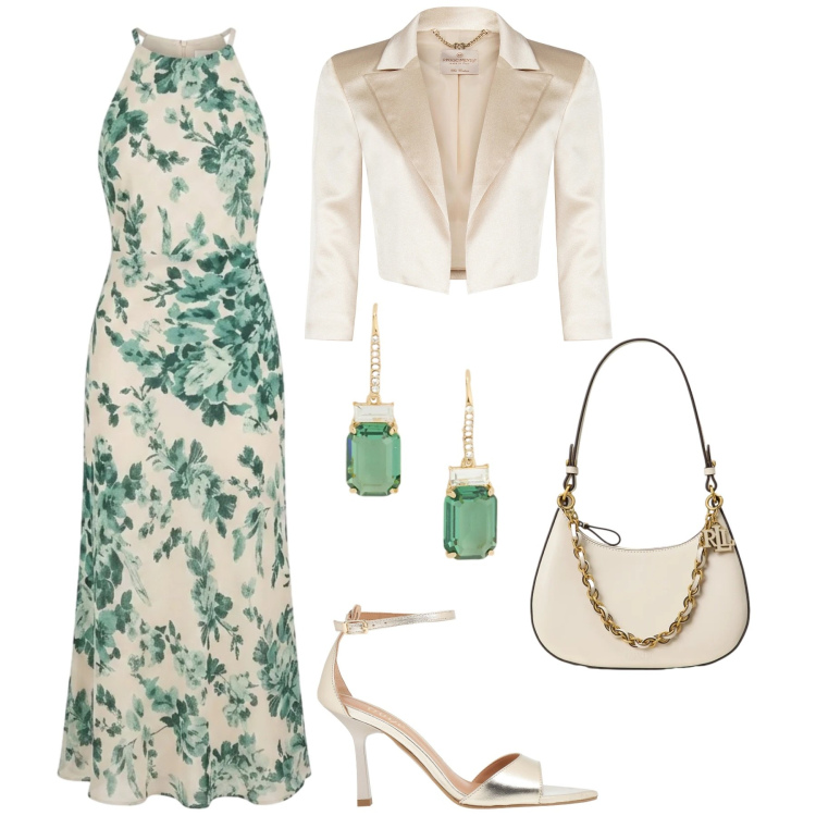 Outfit donna - Total look #2403107. Stile Chic per Cerimonia. Abbinamento con sandali in pelle, vestiti lunghi, bolero, borse a spalla, orecchini.