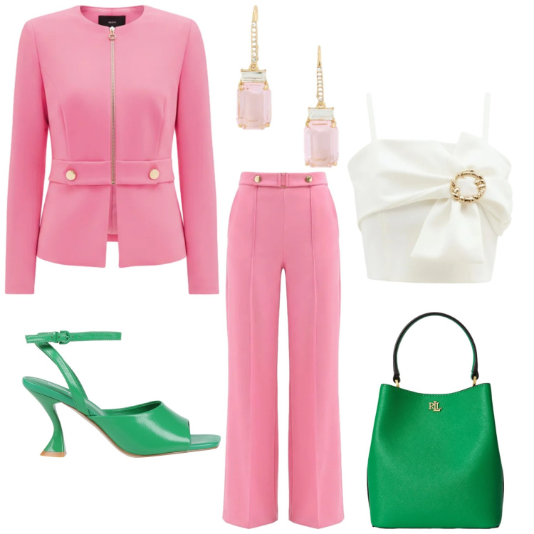 Outfit donna - Total look #2403109. Stile Glamour per Cerimonia. look ideale per Petite. Abbinamento con sandali in pelle, top, blazer, pantaloni a palazzo, borse a secchiello, orecchini.