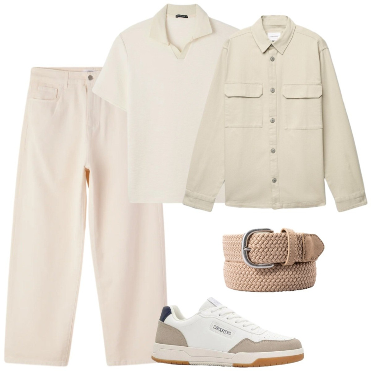 Outfit uomo - Look monocratico chiaro. Stile Casual per Tutti i giorni. Abbinamento con sneakers, cappotti, pantaloni, polo, cinture.