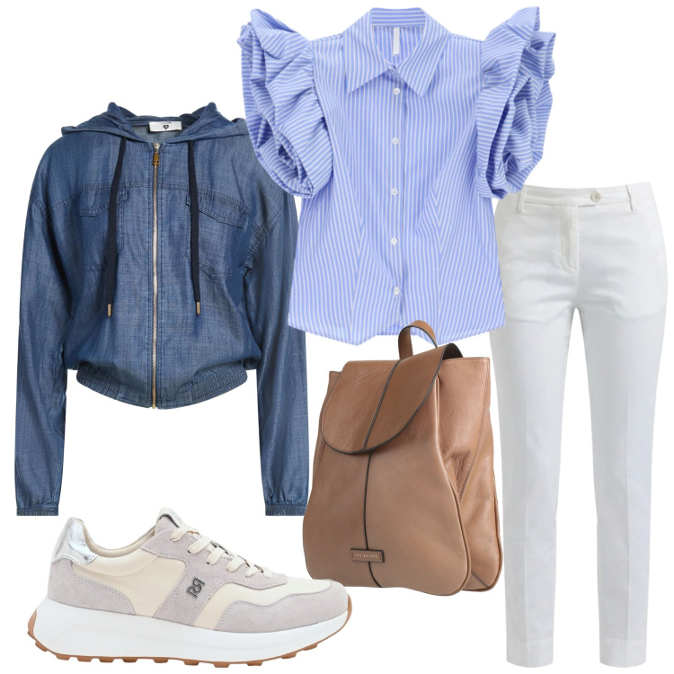 Outfit donna - Total look #2403116. Stile Casual chic per Ufficio. Abbinamento con zaini, felpe con cappuccio, sneakers, camicie a manica corta, pantaloni.