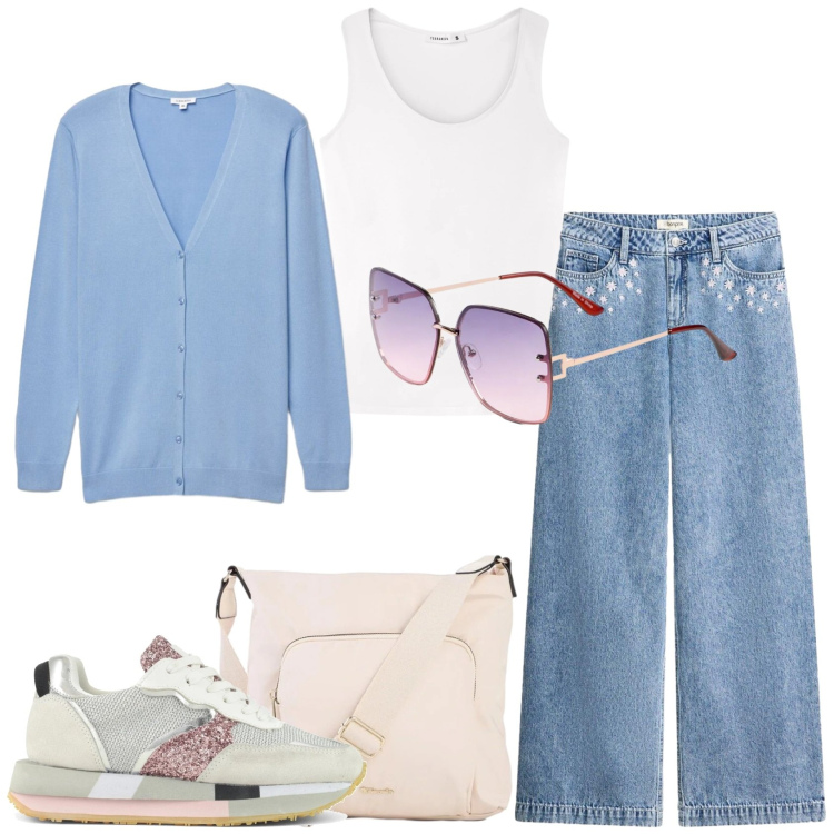 Outfit donna - Look da giornata all’aperto. Stile Sporty chic per Tutti i giorni. Abbinamento con jeans, borse a tracolla, occhiali da sole, top, cardigans, sneakers.