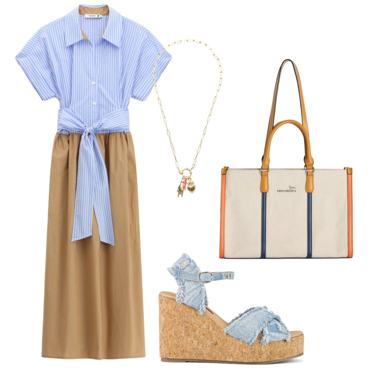 Outfit donna - Total look #2403119. Stile Romantica per Tutti i giorni. Abbinamento con borse tote, vestiti midi/longuette, ciondoli, zeppe.