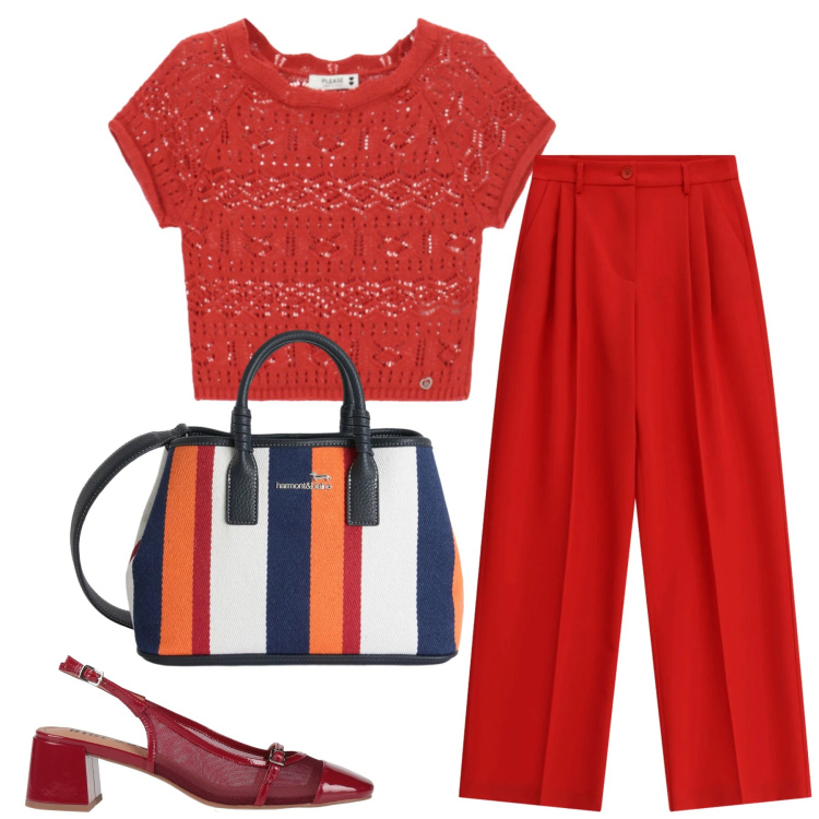 Outfit donna - Color block. Stile Glamour per Ufficio. Abbinamento con décolleté, pantaloni a palazzo, shopping bag, top.