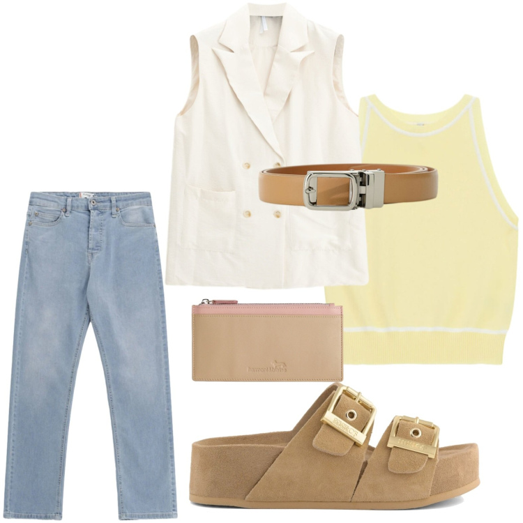 Outfit donna - Blazer e cintura. Stile Minimal per Tutti i giorni. Abbinamento con gilet, top, cinture, portafogli, jeans, sandali in pelle.