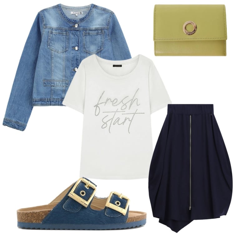 Outfit donna - Gonna e jeans. Stile Glamour per Serata fuori. Abbinamento con gonne longuette, portafogli, blazer, t-shirt, sandali in pelle.