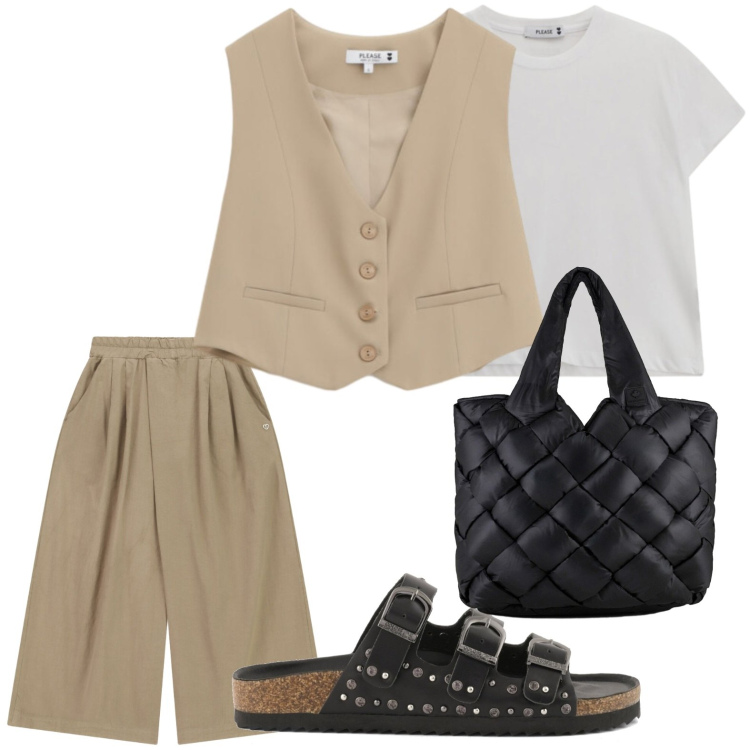 Outfit donna - Borchie e gilet. Stile Casual per Tutti i giorni. Abbinamento con gilet, t-shirt, pantaloni a palazzo, borse tote, sandali.