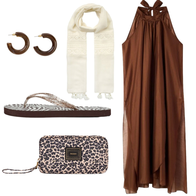 Outfit donna - Accessori maculati. Stile Glamour per Serata fuori. Abbinamento con orecchini, vestiti lunghi, infradito, canottiere, valigie.