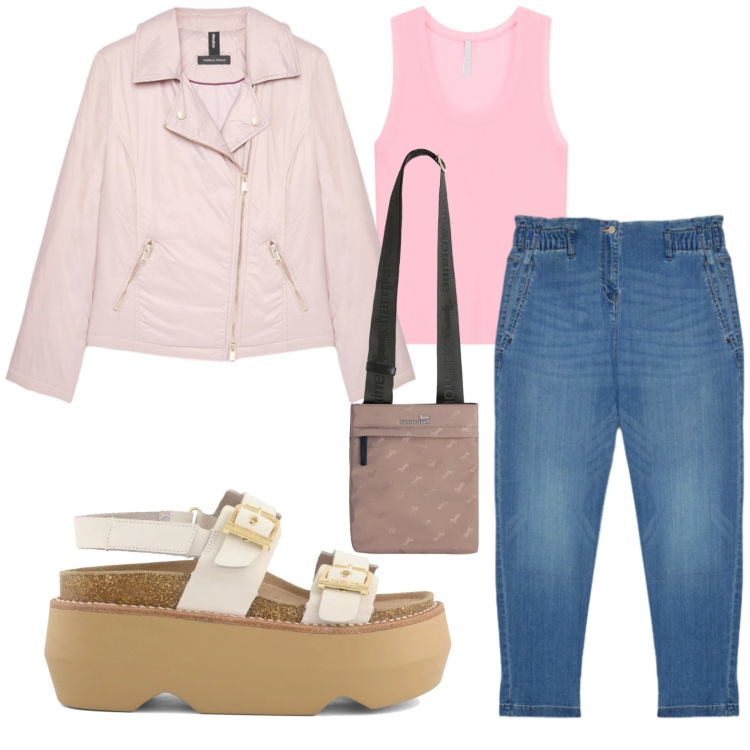 Outfit donna - A passeggio. Stile Urban per Tutti i giorni. Abbinamento con top, borse a tracolla, piumini, jeans, zeppe.