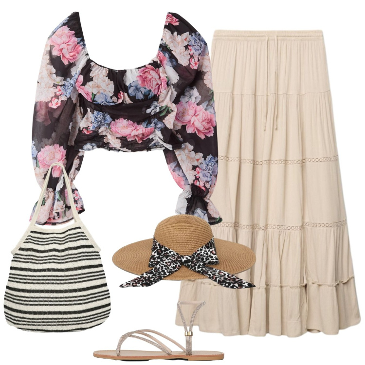 Outfit donna - Outdoor. Stile Boho per Mare. Abbinamento con gonne lunghe, bluse, cappelli, sandali, shopping bag.