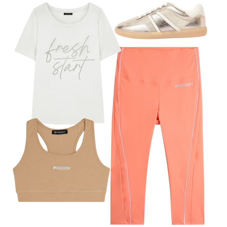 Outfit donna - Total look. Stile Basic per Sport. Abbinamento con sneakers, leggings, top sportivi, t-shirt.