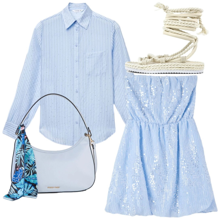 Outfit donna - Total sky. Stile Chic per Serata fuori. Abbinamento con borse a mano, camicie, vestiti corti, sandali.