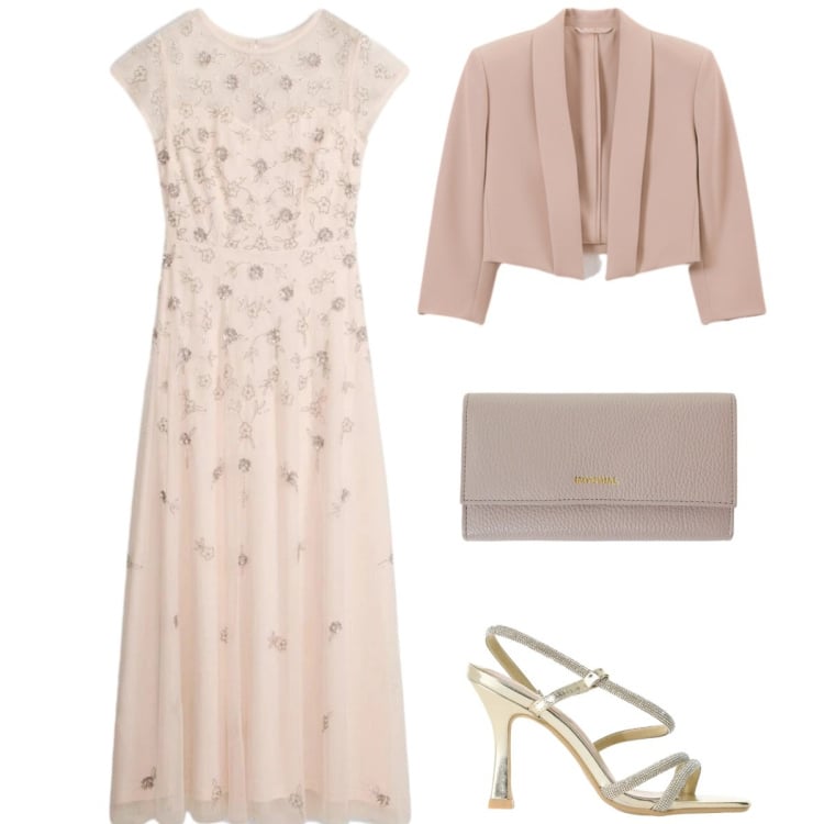 Outfit donna - Abito lungo per la cerimonia. Stile Romantica per Cerimonia. Abbinamento con vestiti lunghi, bolero, sandali col tacco, portafogli.