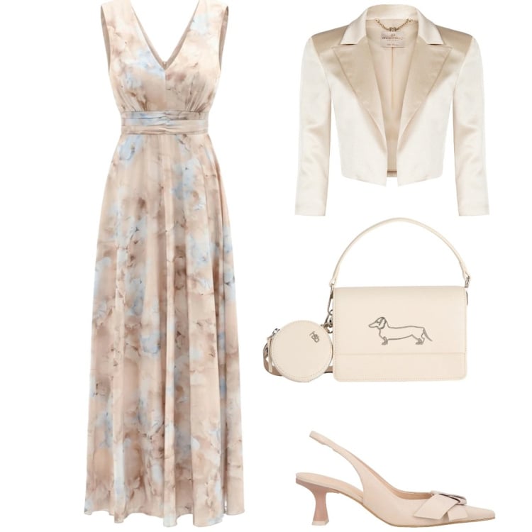 Outfit donna - Abito lungo per la cerimonia. Stile Chic per Cerimonia. Abbinamento con décolleté, vestiti lunghi, bolero, borse a tracolla.