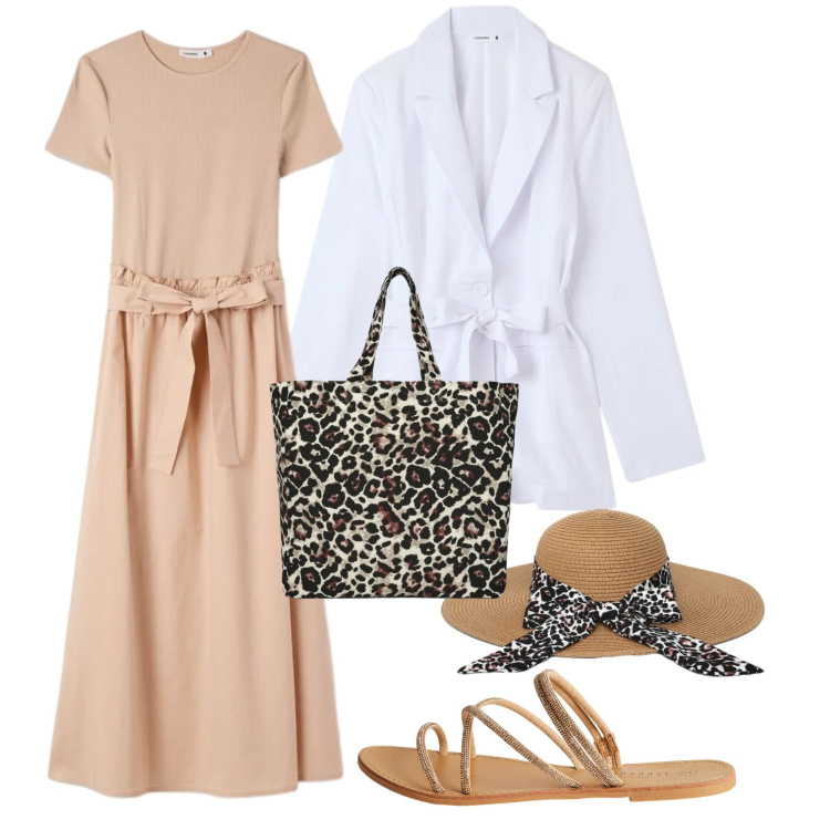 Outfit donna - Romantica con brio. Stile Casual chic per Tutti i giorni. Abbinamento con vestiti lunghi, sandali, cappelli, shopping bag, blazer.