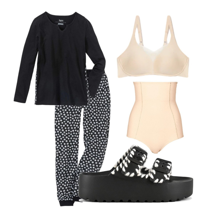 Outfit donna - Creativa a casa. Stile Trendy per Tutti i giorni. Abbinamento con culotte, pigiama, reggiseni, ciabatte.