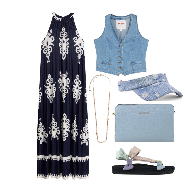 Outfit donna - Maggio. Stile Trendy per Tutti i giorni. Abbinamento con vestiti lunghi, gilet, borse a tracolla, collane, sandali, cappelli con visiera.