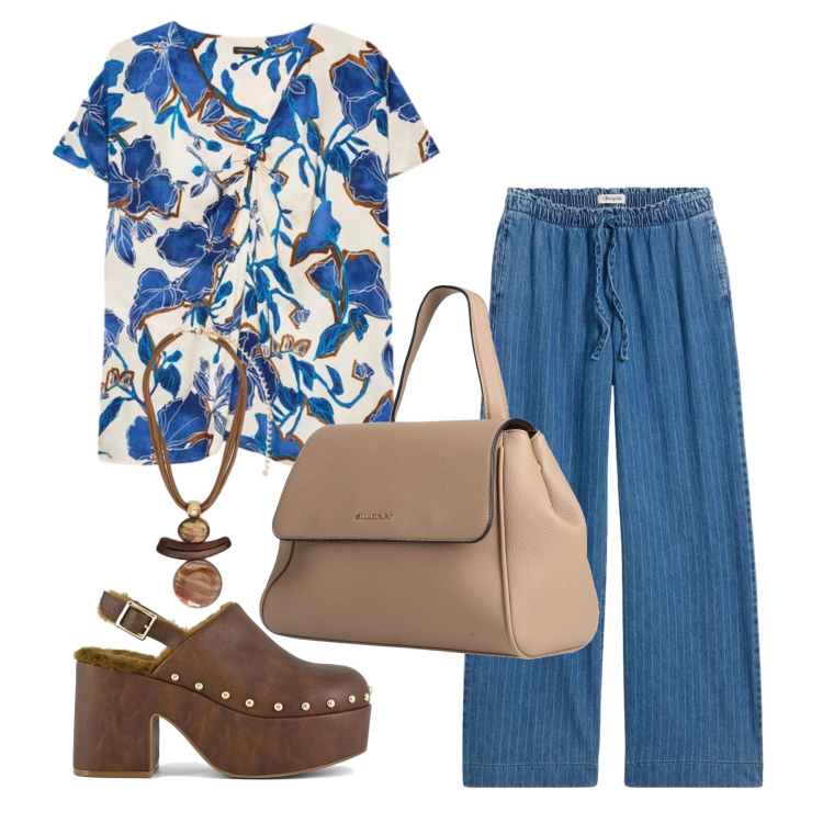 Outfit donna - Maggio. Stile Casual per Tutti i giorni. Abbinamento con zaini, jeans, bluse, ciondoli, sabot.