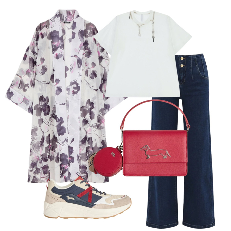 Outfit donna - Maggio. Stile Trendy per Tutti i giorni. Abbinamento con sneakers, borse a tracolla, t-shirt, jeans, caftani.