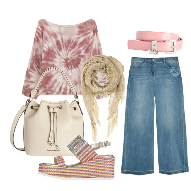 Outfit donna - Maggio. Stile Casual per Tutti i giorni. Abbinamento con stole, sandali in pelle, borse a secchiello, cinture, top, jeans.