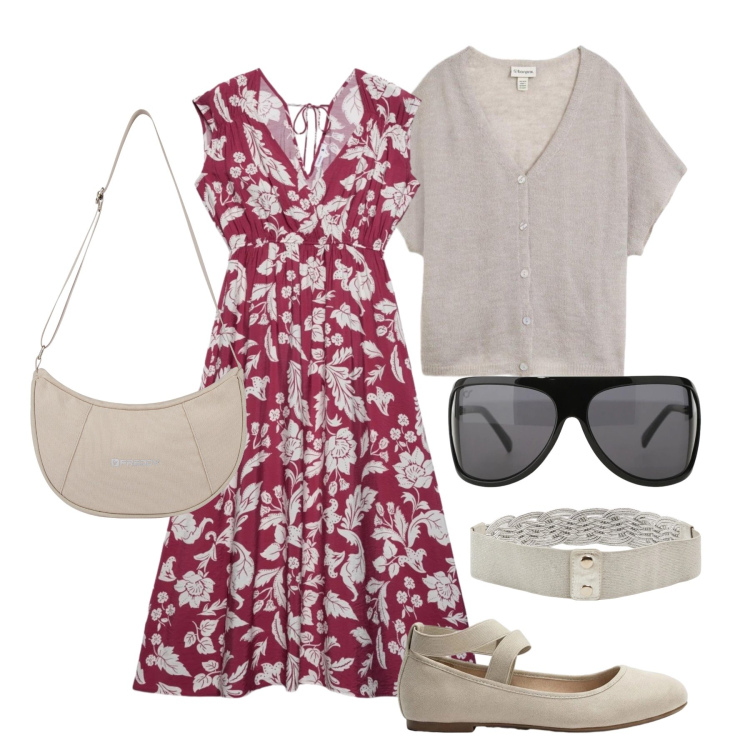Outfit donna - Maggio. Stile Romantica per Tutti i giorni. Abbinamento con cardigans, ballerine, vestiti midi/longuette, cinture, occhiali da sole, borse a spalla.