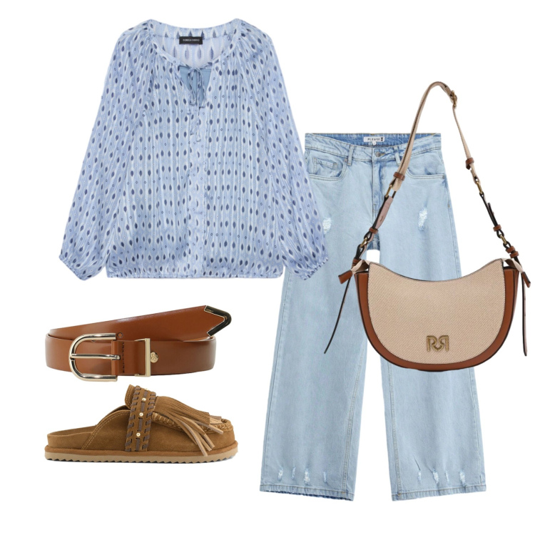 Outfit donna - Maggio. Stile Boho per Tutti i giorni. Abbinamento con borse a tracolla, cinture, jeans, bluse, sabot.