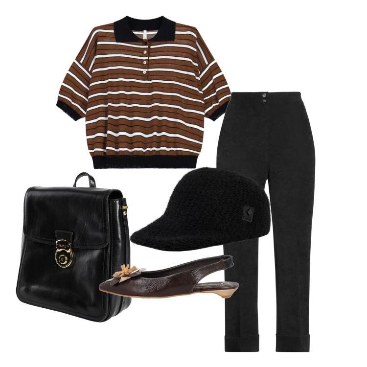 Outfit donna - Maggio. Stile Casual chic per Tutti i giorni. Abbinamento con pantaloni, zaini, ballerine, polo, cappelli con visiera.