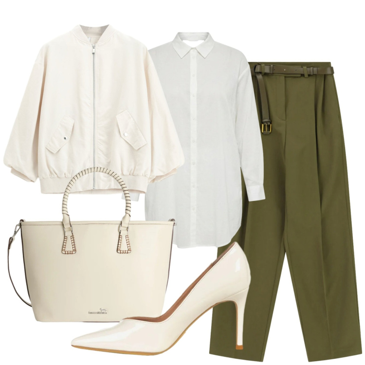 Outfit donna - Total look #2403168. Stile Casual chic per Ufficio. Abbinamento con décolleté, pantaloni a palazzo, bomber, shopping bag, camicie.