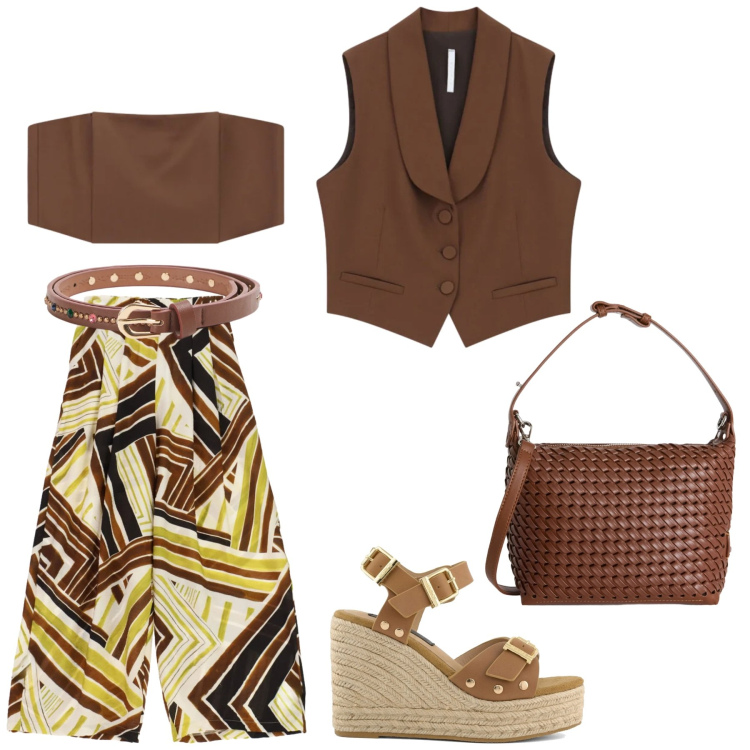 Outfit donna - Total look #2403169. Stile Etnico per Serata fuori. Abbinamento con cinture, top, gilet, borse a spalla, pantaloni a palazzo, zeppe.