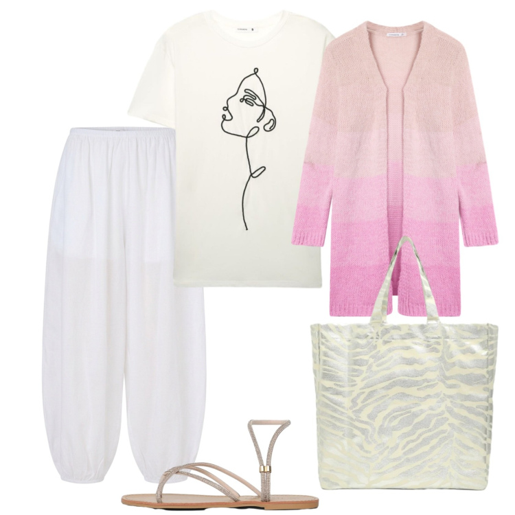 Outfit donna - Total look #2403174. Stile Boho per Tutti i giorni. Abbinamento con pantaloni, cardigans, sandali, t-shirt, shopping bag.