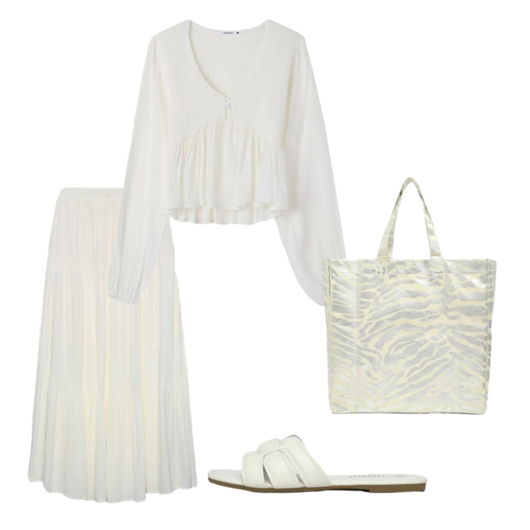 Outfit donna - Total look #2403177. Stile Boho per Tutti i giorni. Abbinamento con bluse, shopping bag, gonne lunghe, ciabatte.