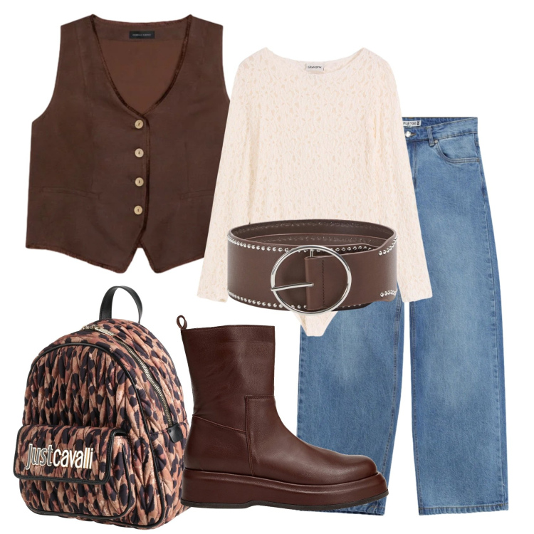Outfit donna - Total look #2403178. Stile Trendy per Scuola/Università. Abbinamento con stivaletti, zaini, body, cinture, jeans, gilet.