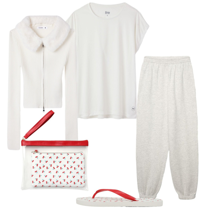 Outfit donna - Total look #2403182. Stile Boho per Tutti i giorni. Abbinamento con cardigans, pantaloni sportivi, t-shirt sportive, pochette, infradito.