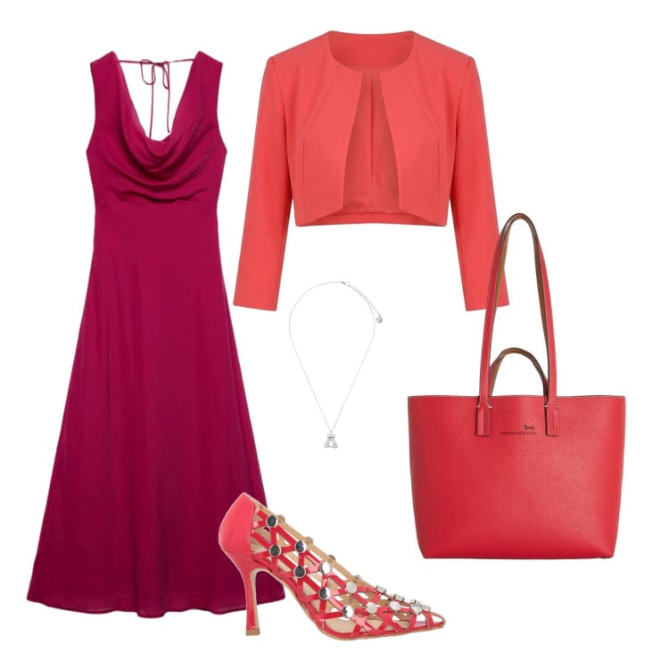 Outfit donna - Total look #2403183. Stile Chic per Cerimonia. Abbinamento con décolleté, vestiti lunghi, shopping bag, bolero, ciondoli.