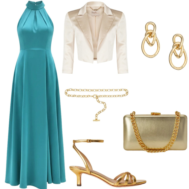 Outfit donna - Cerimonia in verde smeraldo e oro!. Stile Chic per Cerimonia. Abbinamento con vestiti lunghi, bolero, clutch, sandali in pelle, orecchini, cinture.