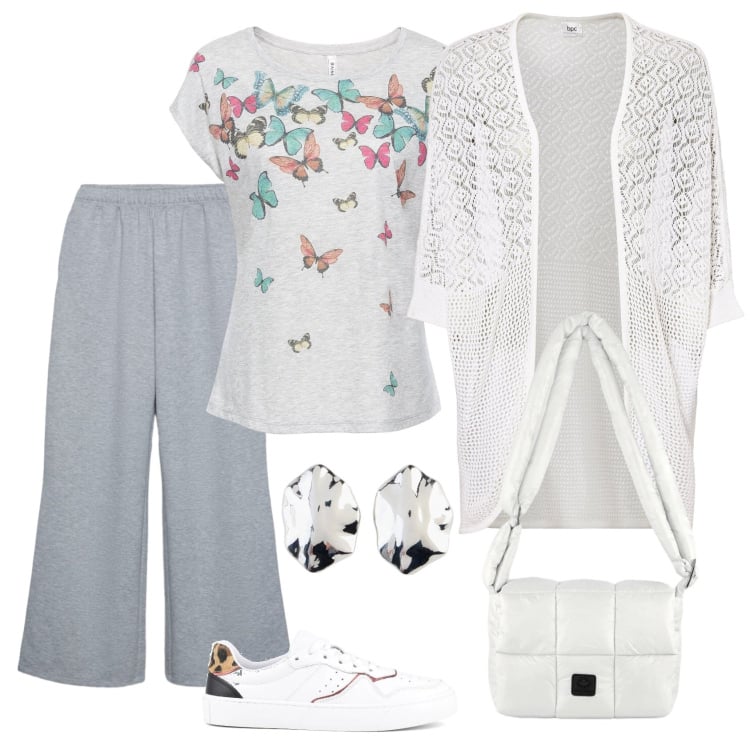 Outfit donna - Total look #2403187. Stile Casual chic per Ufficio. Abbinamento con cardigans, maglieria, orecchini, pantaloni, borse a spalla, sneakers.