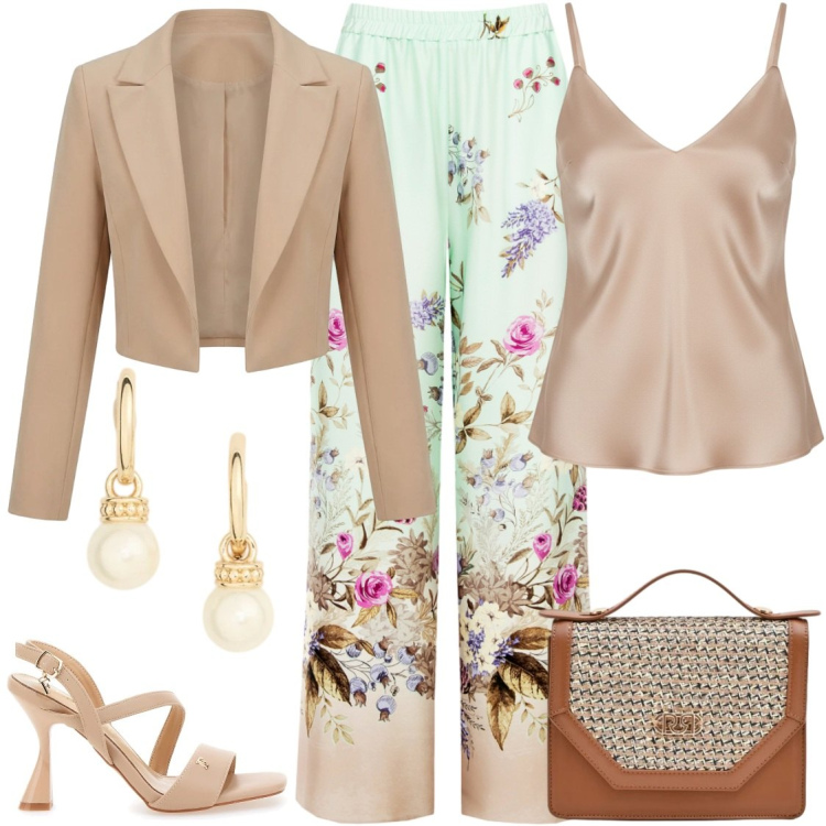 Outfit donna - Pantalone a palazzo. Stile Romantica per Cerimonia. Abbinamento con pantaloni a palazzo, bolero, top, pochette, orecchini, sandali col tacco.