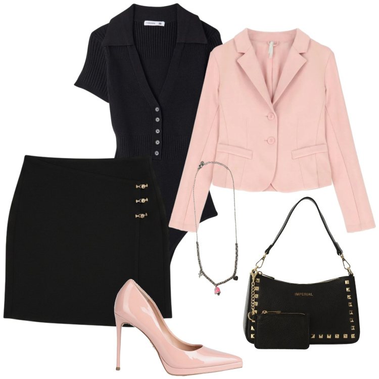 Outfit donna - Total look #2403191. Stile Glamour per Serata fuori. Abbinamento con décolleté, t-shirt, minigonne, borse a spalla, blazer, ciondoli.