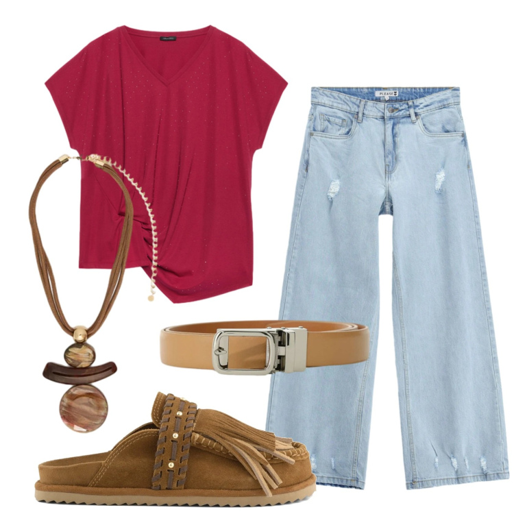Outfit donna - Total look #2403192. Stile Basic per Tutti i giorni. Abbinamento con cinture, jeans, t-shirt, ciondoli, sabot.