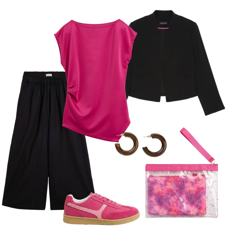 Outfit donna - Total look #2403193. Stile Casual chic per Ufficio. Abbinamento con top, orecchini, sneakers, pantaloni a palazzo, pochette, blazer.