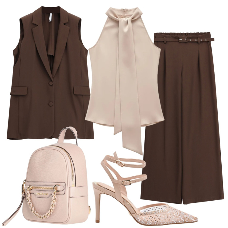 Outfit donna - Total look #2403194. Stile Chic per Ufficio. Abbinamento con zaini, pantaloni a palazzo, gilet, décolleté, top.