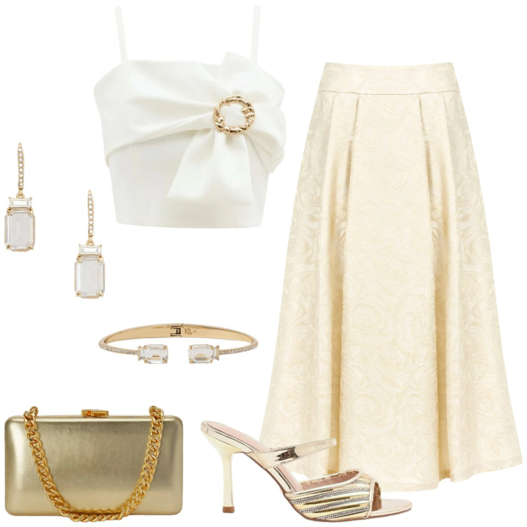 Outfit donna - Cerimonia in bianco e oro.. Stile Chic per Cerimonia. Abbinamento con gonne longuette, top, sabot, orecchini, braccialetti, clutch.
