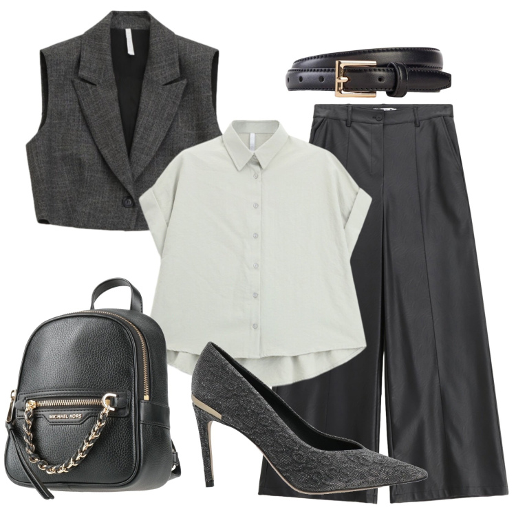 Outfit donna - Total look #2403196. Stile Mannish per Ufficio. Abbinamento con zaini, décolleté, cinture, pantaloni, gilet, camicie a manica corta.