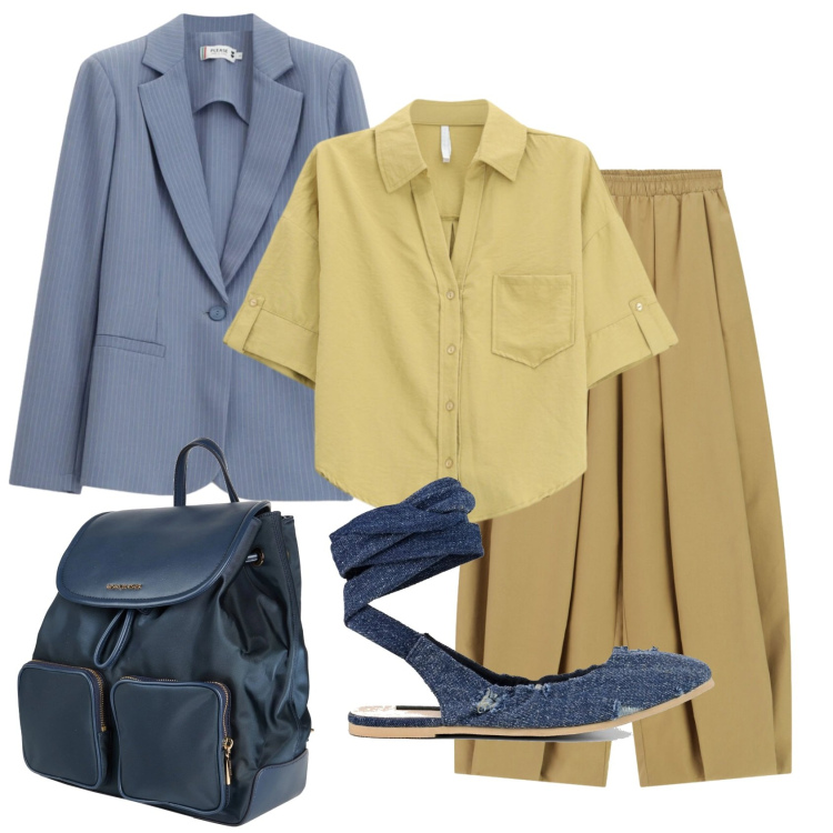 Outfit donna - Total look #2403197. Stile Mannish per Ufficio. Abbinamento con zaini, pantaloni a palazzo, camicie a manica corta, blazer, ballerine.