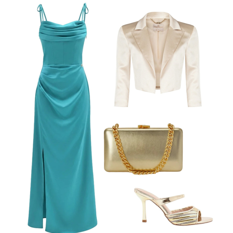 Outfit donna - Abito verde smeraldo. per Cerimonia. Abbinamento con vestiti lunghi, sabot, bolero, clutch.