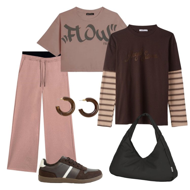 Outfit donna - Total look #2403201. Stile Casual chic per Tutti i giorni. Abbinamento con sneakers, orecchini, t-shirt, pantaloni, t-shirt, borse a spalla.