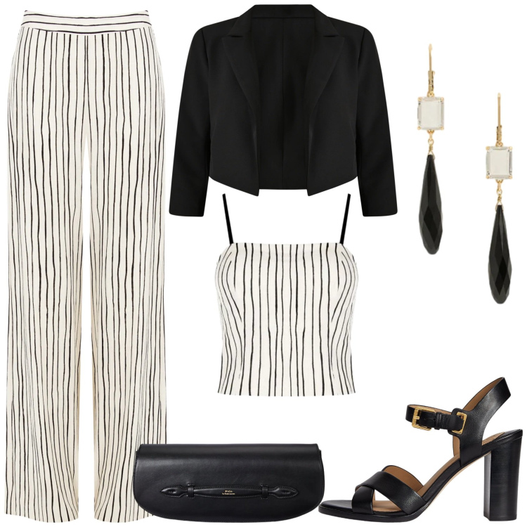 Outfit donna - Cerimonia black & white. Stile Chic per Cerimonia. Abbinamento con bolero, pantaloni a palazzo, canottiere, clutch, sandali in pelle, orecchini.