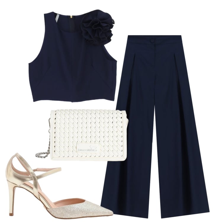 Outfit donna - Total look #2403204. Stile Chic per Cerimonia. Abbinamento con décolleté, top, pantaloni a palazzo, borse a tracolla.