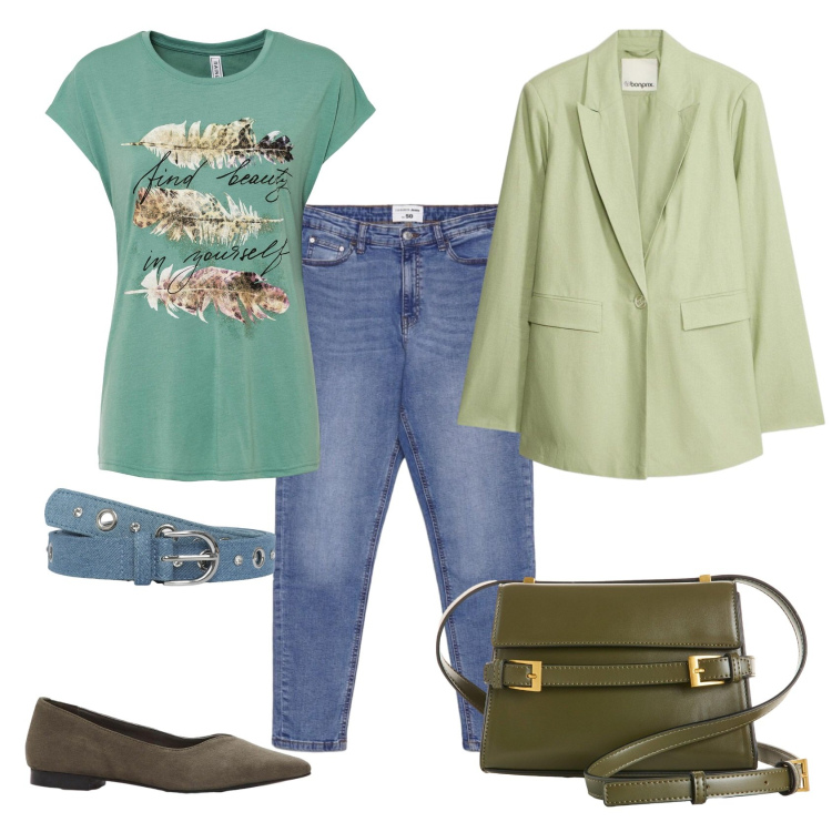Outfit donna - Total look #2403207. Stile Casual chic per Ufficio. Abbinamento con t-shirt, blazer, ballerine, borse a tracolla, cinture, jeans skinny.